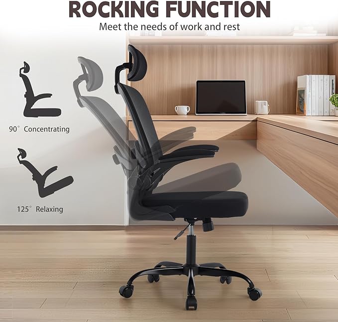 Ergonomic Office Chair with 3D Adjustable Lumbar Support, Mesh High Back, 75° Rotating Headrest, Rocking Function, 300lbs Capacity, Black/White (Black)