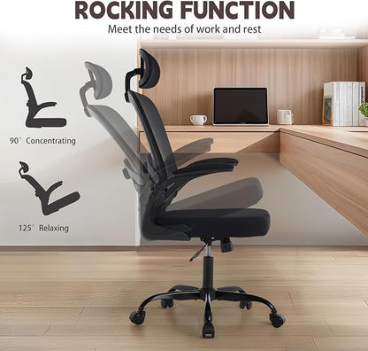 Ergonomic Office Chair with 3D Adjustable Lumbar Support, Mesh High Back, 75° Rotating Headrest, Rocking Function, 300lbs Capacity, Black/White (Black)