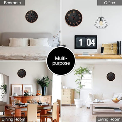 Wall Clock， Modern Non Ticking Wall Clocks Battery Operated， Black Wooden Wall Clocks for Kitchen， Living Room， Bedroom， Office， Bathroom Decorative 25 * 25cm