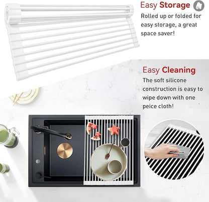 MERRYBOX Roll Up Dish Drying Rack, Silicone Wrapped Over The Sink Dish Rack Foldable Dish Drainer Anti-Slip Dish Racks for Kitchen Counter, Multipurpose Kitchen Sink Drying Rack, 18" x 13", White