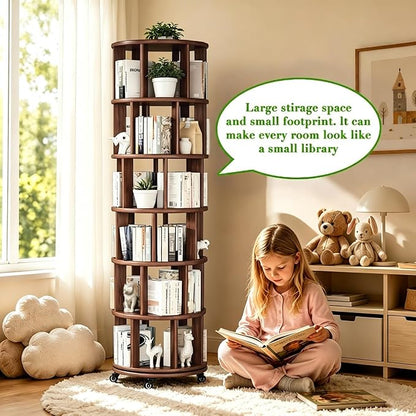 6 Tier Rotating Solid Wood Bookshelf, Corner Small Bookshelf Lazy Susan Organizer,Circular Rotating Spinning Bookshelf on Wheels, Revolving 360° Bookshelf for Small Spaces for Bedroom