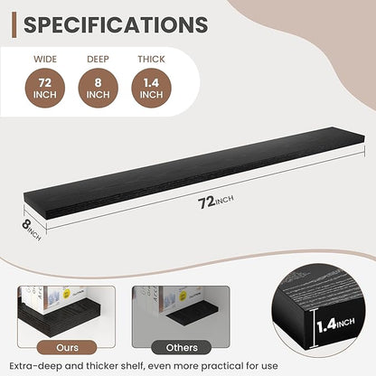 Acovy 72 Inch Floating Shelves, 8 Inch Deep Floating Shelves for Wall, Hanging Shelf with Invisible Brackets, Deep Shelves for Bathroom, Bedroom, Living Room, Black, Set of 2