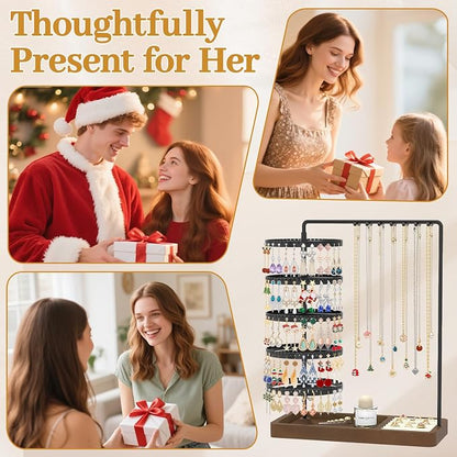MODOWEY Earring Holder Organizer Jewelry Stand, 285 U-Slots Adjustable Rotating Earring Tree Rack, 14 Hooks Tall Necklace Display for Women, 5 Tier Compact Large Capacity Tower with Ring Tray, Black