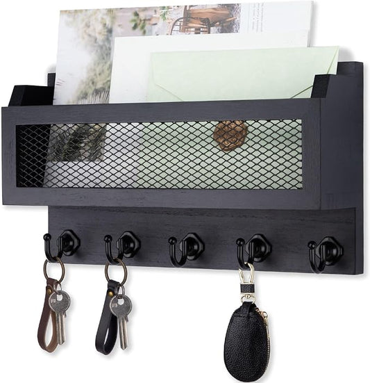 Nekon Mail and Key Holder for Wall Decorative, 11 Inch Wooden Wall Key Organizer with 5 Key Hooks, Wall Mount Storage Shelf for Entryway Hallway (Black)