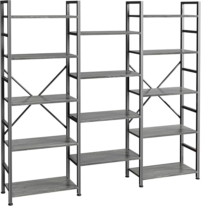 SUPERJARE Triple Bookshelf, Bookcase with 11 Open Display Shelves, Wide Book Shelf Book Case for Home & Office, 5 Tier, Grey