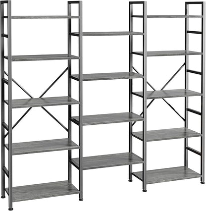 SUPERJARE Triple Bookshelf, Bookcase with 11 Open Display Shelves, Wide Book Shelf Book Case for Home & Office, 5 Tier, Grey