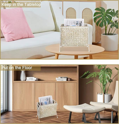BTSKY Handwoven Magazine Holder, Natural Seagrass Magazine Basket with Metal Rack, Mail Holder Floor Organizer for Office, Living Room, Dorm, Bathroom, Woven Rattan File Basket with Handle (White)