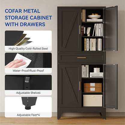 COFaR 71 in Tall Kitchen Pantry Cabinet, Metal Pantry Storage Cabinet with 4 Adjustable Shelves and 4 Barn Doors, Freestanding Farmhouse Food Cupboard for Dining Room Garage, Black 6-Tier