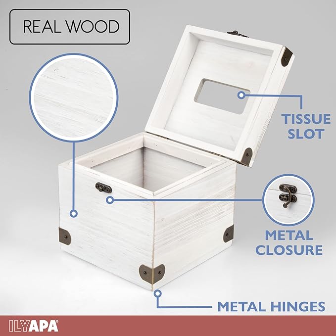 Ilyapa 5 x 6 Rustic Tissue Box Holder - Hinged Lid Tissue Dispenser for Bathroom Living Room Bedroom - White Weathered Wood
