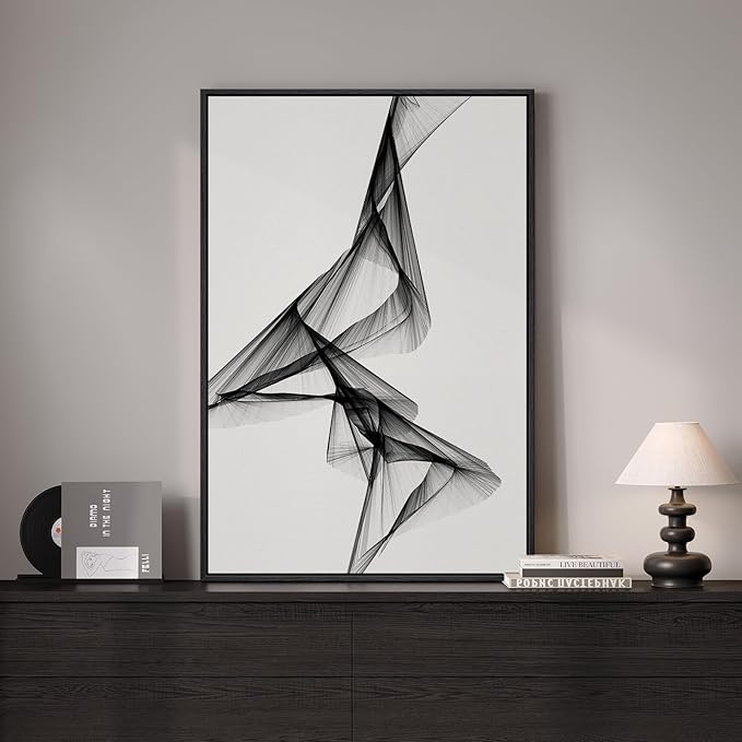Framed Black and White Abstract Wall Art, Modern Minimalist 1 Piece Canvas Prints Paintings for Walls, Large Elegant Lines Pictures for Living Room Dining Bedroom Hallway Office Wall Decor 24x36 In