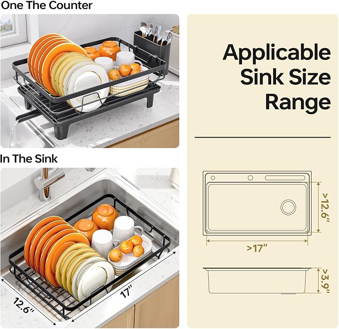 TOOLF Dish Drying Rack, Small Dish Racks for Kitchen Counter, Stainless Steel Sink Organization and Storage Essentials with Cutlery Holder, Dish Drainer, Home and Appartment Decor, Black