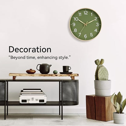 Roymnie Wall Clock Green, 10 Inch Silent Wall Clocks Battery Operated-Modern Non Ticking Analog Clock Decorative for Kitchen Bedroom Office Bathroom(Gold)