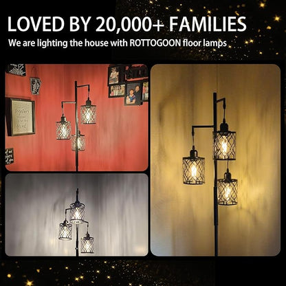 ROTTOGOON Dimmable Farmhouse Floor Lamp, Industrial Floor Lamp for Living Room with 3 X 6W LED Bulbs, 3 Light Rustic Standing Tall Lamp for Bedroom, Office, 68"