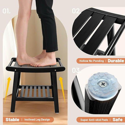 Bamboo Shower Bench Stool, Shower Chair for Inside Shower with 2-Tier Storage Shelf, Waterproof Shower Seat for Shaving Legs, Spa Bathroom Shower Bench-Black