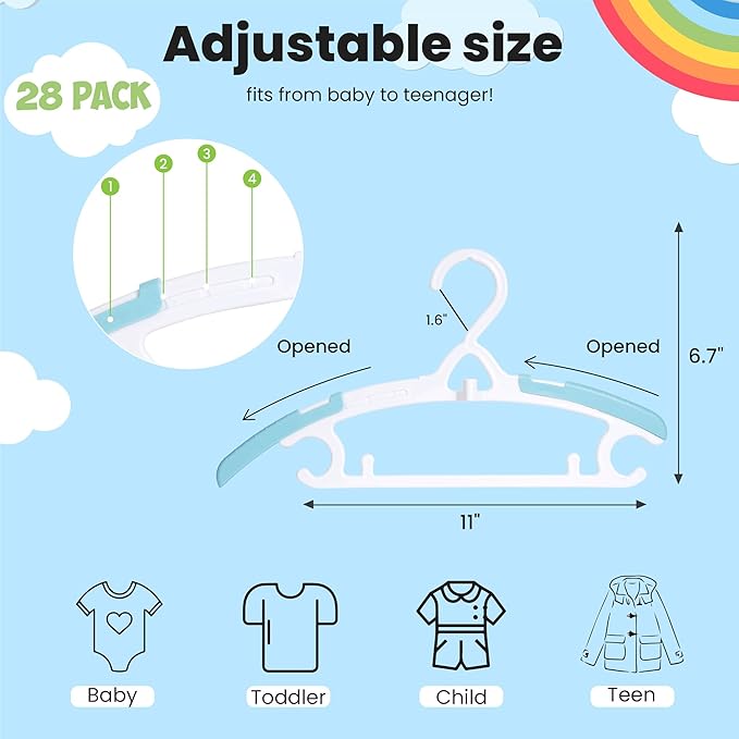 Baby Hangers 28 Pack, Durable Plastic Kids Hangers for Closet Organization, Bright Rainbow Colors & Stackable Design, Adjustable from Infant to Teen