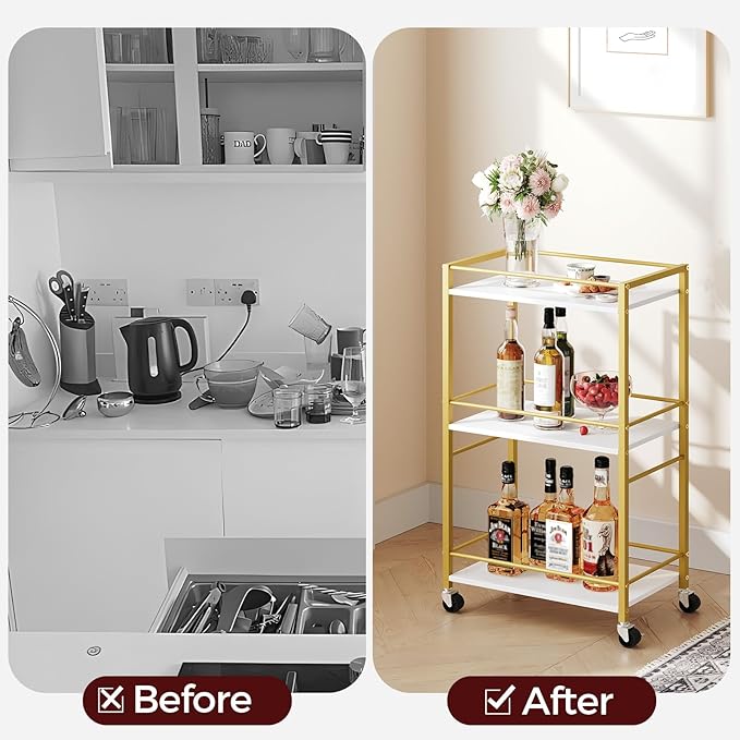 Bar Cart for The Home, 3-Tier Drink Cart on Wheels, Home Bar Serving Cart, Mini Bar Cart for Small Space, Rolling Kitchen Carts for Bar, Kitchen, Dining Room, Gold RCJW4001