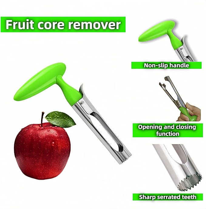 Premium Stainless Steel Apple Corer - Easy Use & Dishwasher Safe, Multi-Fruit Core Remover with Ergonomic Handle for Apples, Pears, Tomatoes & Cupcakes | Durable Kitchen Tool (Green)