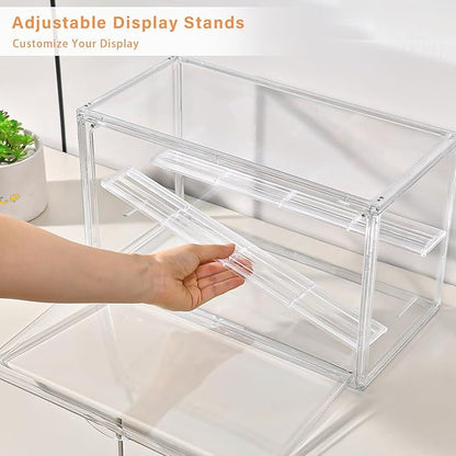 Clear Acrylic Display Case for Collectibles - 3-Tier Adjustable Figure Display with Magnetic Door & Removable Shelves,Stackable Dispaly Box for Figures - 2 Pack