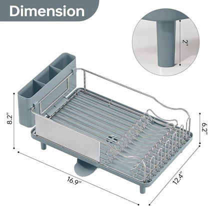 Stainless Steel Dish Drying Rack - Large Capcity 304 Grade Dish Drainer for Kitchen Counter with Drain Board, Utensil Holder & Detachable Cup Shelf, Rustproof Multifunctional Organizer, Pale Blue