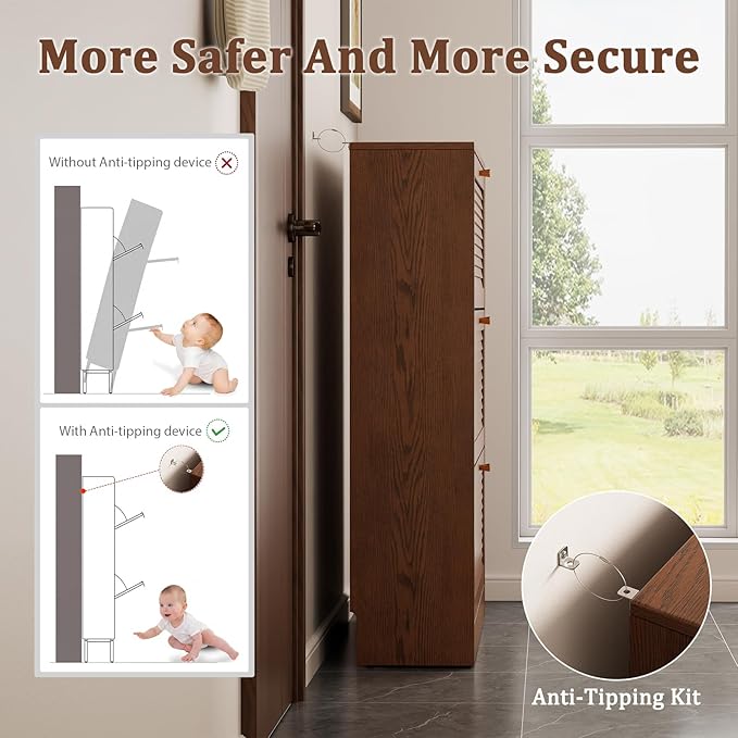 KungFuWood Soild Wood Shoe Storage Cabinet with 3 Flip Drawers for Entryway,Narrow Shoe Rack Cabinet with Adjustable Shelves 38 W, Morden Hidden Shoe Closet Wooden