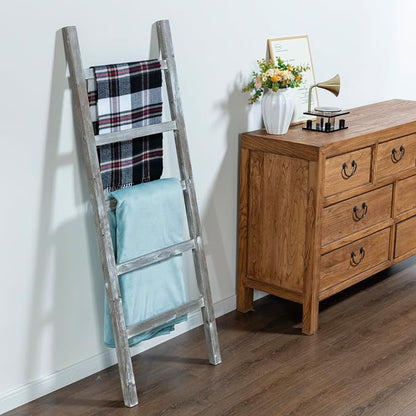 MyGift 54 inch Tall Fully Assembled Wood Blanket Ladder, 5-Tier Wall Leaning Towel Rack, No Assembly, Whitewashed