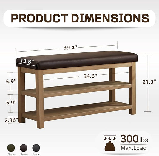 Shoe Rack Bench with Leather Cushion, 2 Tier Solid Wood Storage Bench, Mid-Century Modern Shoe Bench for Entryway, Hallway, Closet, Front Door Entrance, Foyer (Dark Brown, 39.4")
