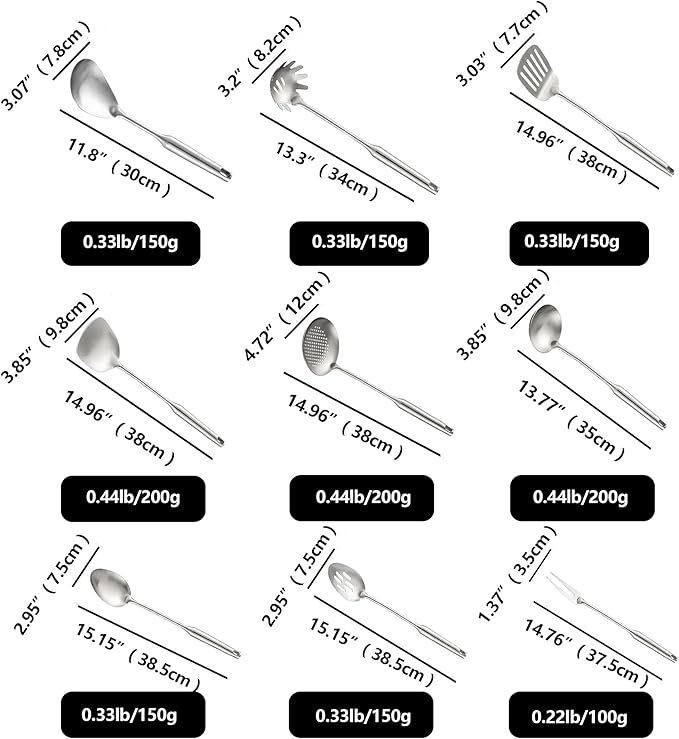 18/10 Stainless Steel Kitchen Utensils, 9 PCS Metal Cooking Utensils Set 15", Solid and Slotted Spoon, Fork, Spatula, Ladle, Skimmer, Slotted Spatula Tunner, Spaghetti Large Spoon