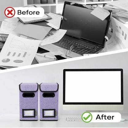 BALEINE File Organizer Box with Lid, Collapsible File Folder Organizer with Plastic Slide, Hanging File Folder Box for Office Document Storage (1 Pack, Purple, S)