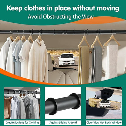 Car Clothes Hanger Bar – Adjustable Telescopic Car Clothes Rack, 30–62 Inches, for Wrinkle-Free Clothes Hanging in Vehicles, Heavy-Duty Non-Slip Car Hanging Rod for Sedans, SUVs, Trucks, Travel