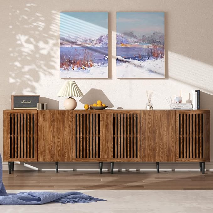 Storage Cabinet, 94.4" Freestanding Buffet Cabinet with 6 DIY Doors and Adjustable Shelf,Modern Sideboard Coffee Bar with Solid Wood Feet for Living Room,Dining Room,Kitchen,Walnut,Set of 2