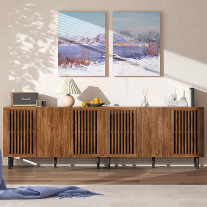 Storage Cabinet, 94.4" Freestanding Buffet Cabinet with 6 DIY Doors and Adjustable Shelf,Modern Sideboard Coffee Bar with Solid Wood Feet for Living Room,Dining Room,Kitchen,Walnut,Set of 2
