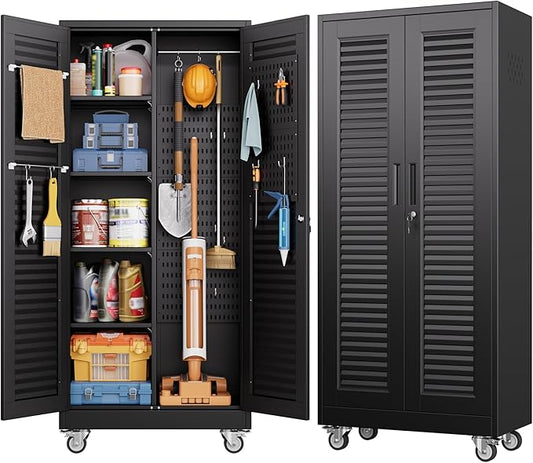 Aobabo Broom Closet Storage Cabinet,Lockable Garage Storage Cabinet with 4 Adjuatable Shelves,Required Assembly,Black,70.87''H*31.5''W*15.75''D