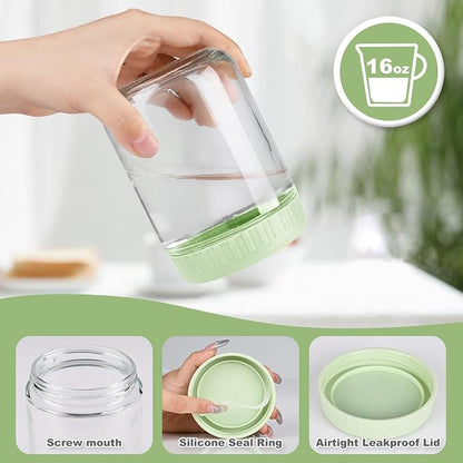 SHOWIN Overnight Oats Containers with Lids, 16oz Glass Jars with Lids 4 pcs, Light Green, Wide Mouth Mason jars for Salad, Yogurt, Snacks, Meal Prep