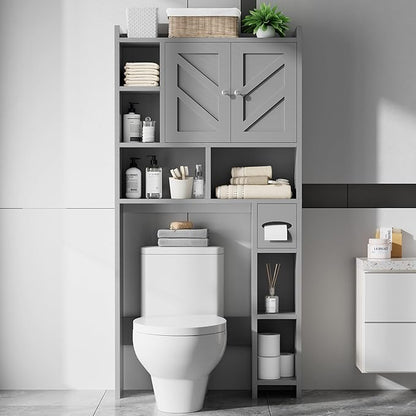 Over the Toilet Storage Cabinet, Freestanding Farmhouse Storage Cabinet Over Toilet, Bathroom Organizer with Paper Holder Stand and Adjustable Shelf, Grey