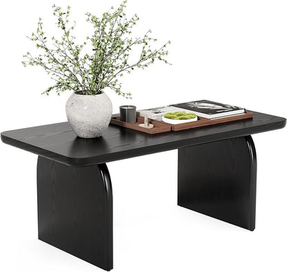 LITTLE TREE Farmhouse Coffee Table, 47 Inches Wooden Center Tables with Rounded Corners, Rectangular Living Room Tables, Modern Low Cocktail Tea Furniture for Living Room (Black)