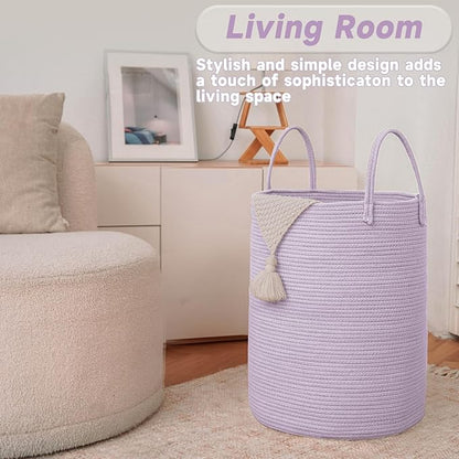 JMvicyroam Large Woven Laundry Basket Hamper,80L Cotton Rope Storage Bin for Blankets,Toys and Clothes,Decorative Tall Nursery Hamper for Living Room,Baby Nursery,Bathroom and Bedroom,Purple