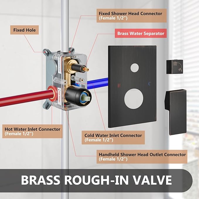Shower Faucet Set Rainfall Shower System with Square Showerhead and Handle Set Fixture with 2 in 1 Function Handheld Sprayer Wall Mounted Trim Repair Kit Rough-in Valve 8 Inch Oil Rubbed Bronze