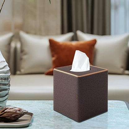 Linen Square Tissue Box Cover,Cube Tissue Box Holder－Excellent Rosegold Leather Decoration,Table Napkin Case Dispenser,Facial Tissues Organizer with Magnetic Bottom for Home Office Car(Coffee)