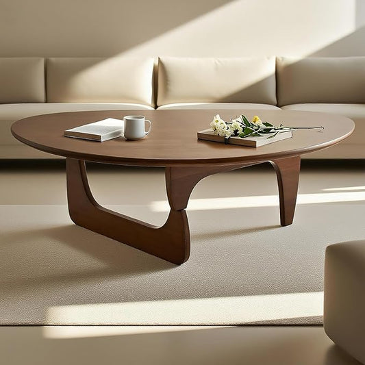 Solid Wood Triangle Coffee Table,Unique Mid Century Modern Oval Coffee Table,Irregular Geometric Tea Tables for Home Living Room with Wooden Tabletop and Reinforced Legs Walnut 35" L x 24" W x 16" H