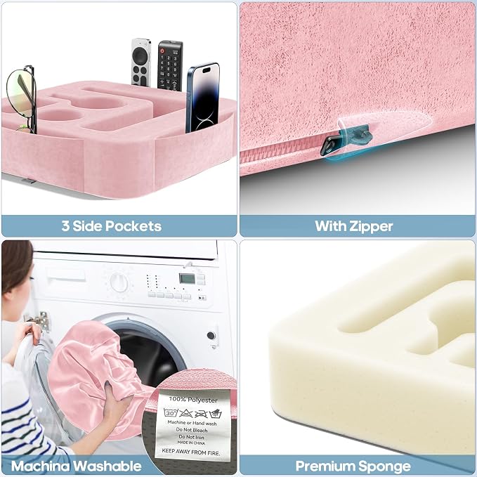 Couch Cup Holder Pillow, Sofa and Bed Caddy for iPad, Kindle, Switch, Game Controller, Remotes, Phones, Small-Sized Cup and Drink Holder for Couch, Bed, Desk, Car, Beach, Bathroom Cup Holder, Pink