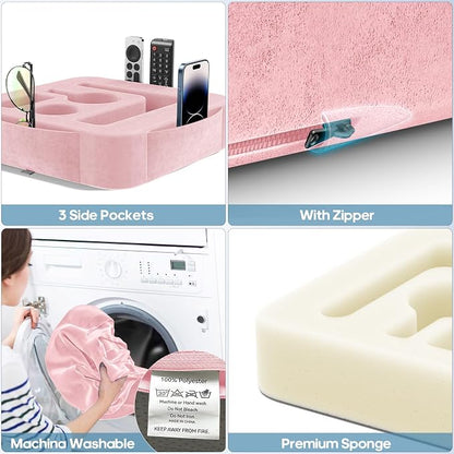 Couch Cup Holder Pillow, Sofa and Bed Caddy for iPad, Kindle, Switch, Game Controller, Remotes, Phones, Small-Sized Cup and Drink Holder for Couch, Bed, Desk, Car, Beach, Bathroom Cup Holder, Pink
