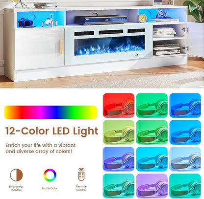 MXV 78" Fireplace TV Stand with Power Outlet for TVs UP to 90", Electric Fireplace Entertainment Center with LED Lights & Storage Cabinets, TV Console for Living Room, Office, White-White