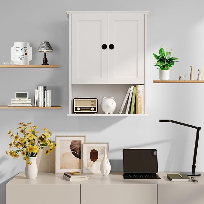 Multi-Purpose Wall Cabinet: Easy-to-Assemble, White Modern Style, 3-Tier Storage. Fits as Kitchen Cabinet, Over-Toilet Cabinet & Bedroom Wall Cabinet