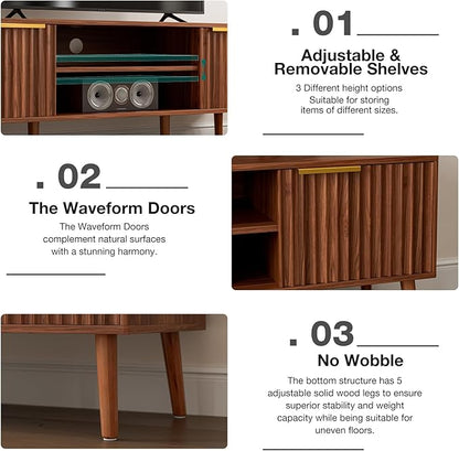 LCRBOL TV Stand for Living Room, Mid Century Modern Entertainment Center for 55/60 inch TVs, TV Console with Fluted Door Cabinets and Open Shelves, for Bedroom, Walnut