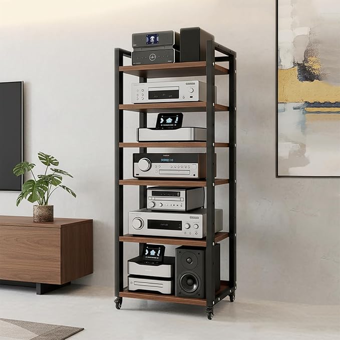 6 Tier AV Media Stand, 55in Audio Rack Tower Stereo Components Cabinet, Home Theatre CD Record Player Stereo Receiver Equipment Rack with Adjustable Wood Shelves, Load 400lbs (Walnut Brown)