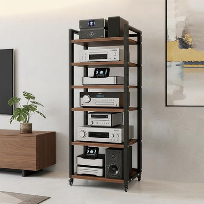 6 Tier AV Media Stand, 55in Audio Rack Tower Stereo Components Cabinet, Home Theatre CD Record Player Stereo Receiver Equipment Rack with Adjustable Wood Shelves, Load 400lbs (Walnut Brown)