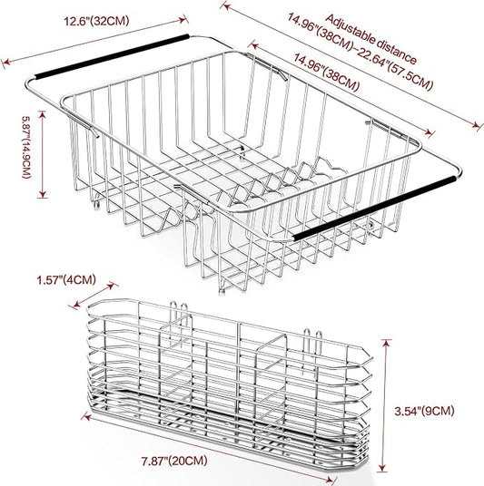 Fanbsy Large Dish Drainer Rack in Sink Adjustable, Expandable 304 Stainless Steel Metal Dish Drying Rack Organizer with Stainless Steel Utensil Holder Over Inside Sink Counter, Rustproof