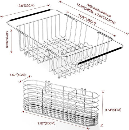 Large Sink Dish Drying Rack, Expandable 304 Stainless Steel Metal Dish Drainer Rack Organizer Shelves with Stainless Steel Utensil Holder Over Inside Sink, Rustproof