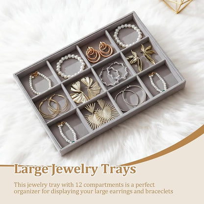Large Velvet Jewelry Tray 2 Pack Stackable Jewelry Display Drawer Inserts Trays Organizer for Earring Bracelet Necklace Ring (Gray, 12 Grids)