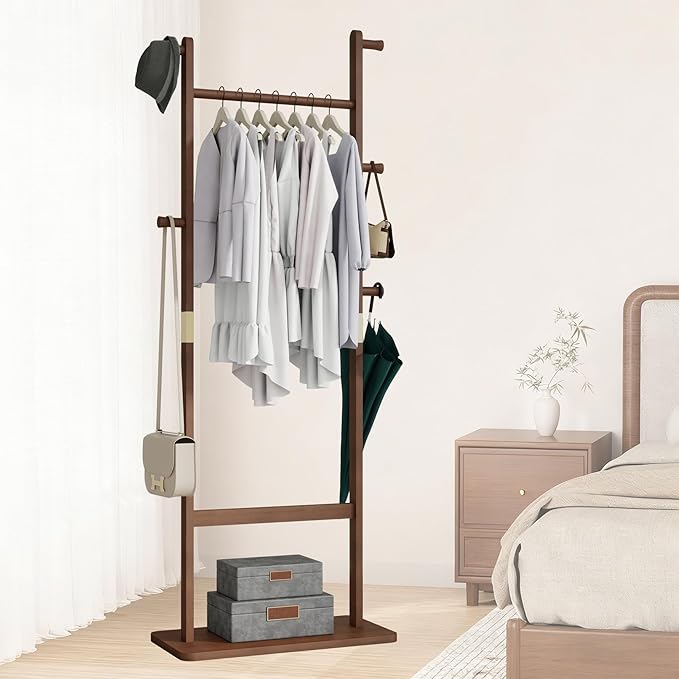 Freestanding Coat Rack with 2 Storage Shelves and 5 Hooks, Heavy Duty Wood Garment Rack for Bedroom, Hallway, Entryway (23.6x11x64 in)